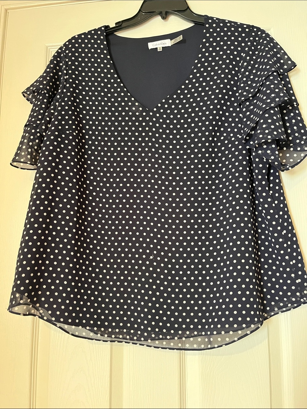 Calvin Klein Navy and White Polka Dot V-Neck Ruffle Sleeve Top